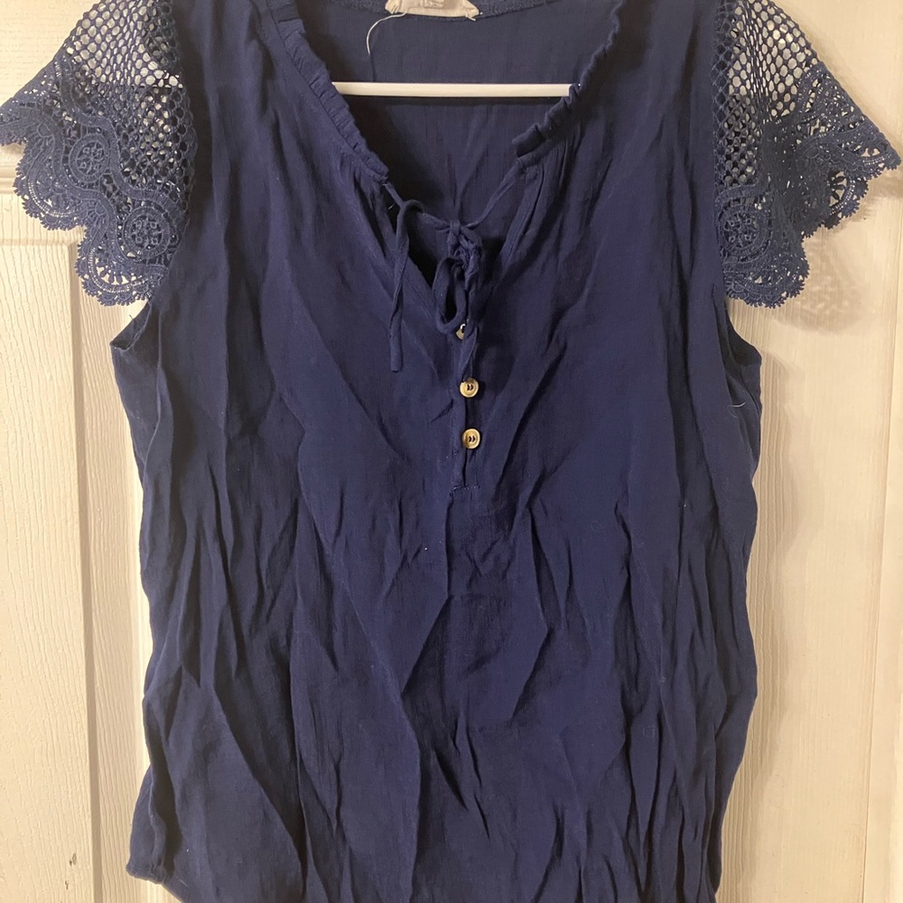 Navy Blue Lace Sleeve Women's Top